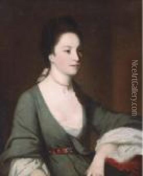 Portrait Of A Lady, Seated Three-quarter Length, In A Slate Colored Dress Oil Painting - Sir Joshua Reynolds