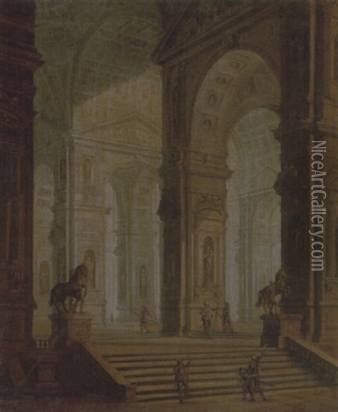 The Interior Of A Classical Building, With Soldiers Guarding The Entrance At The Base Of Steps Oil Painting - Antonio Joli