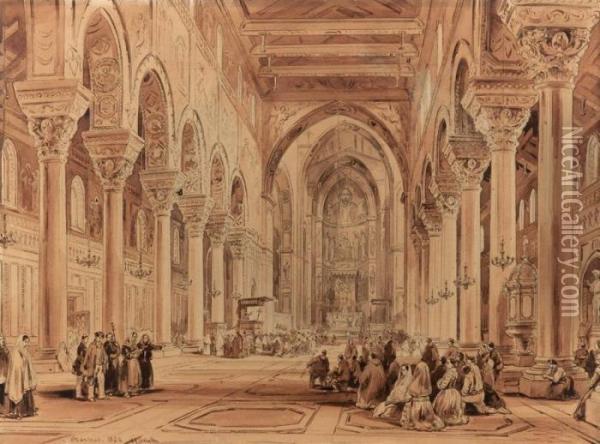 Interno Della Cattedrale Di Monreale - 1858 Oil Painting - Achille Vianelli