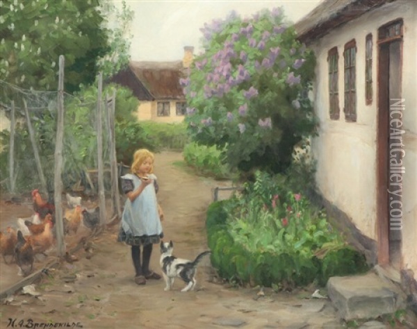 A Little Girl Gives The Cat Food Oil Painting - Hans Andersen Brendekilde