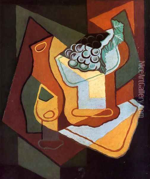 Bottle, Wine Glass and Fruit Bowl Oil Painting - Juan Gris