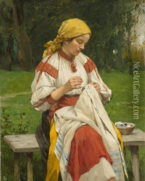Femme Brodant Oil Painting - Cornelia Paczka Wagner