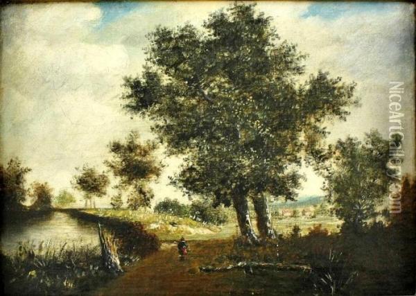Weg Am Kanal Ins Dorf Oil Painting - Theodore Rousseau