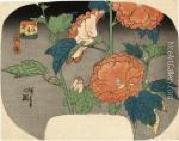 From The Series Furyu Natsu No 
Hanazono [elegant Summer Flower Gardens] Hana Aoi [hibiscus], An 
Uchiwa-e Oil Painting - Utagawa or Ando Hiroshige