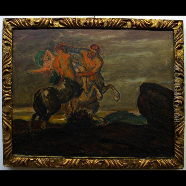 Centaurs In Battle Over Woman Oil Painting - Max Kuschel