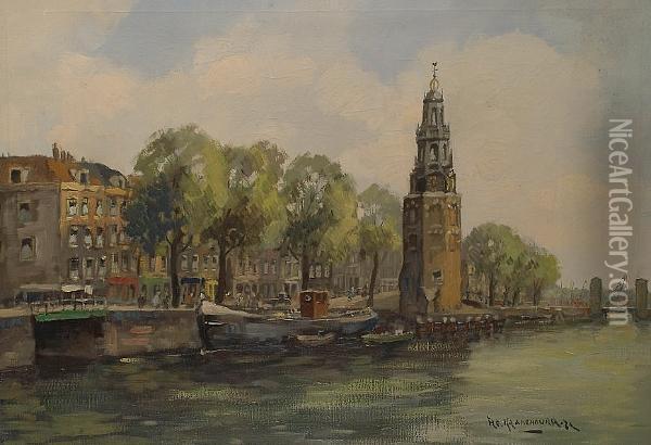 Dutch Canal Scene In Summer. Oil Painting - Hendrik Cornelis Kranenburg