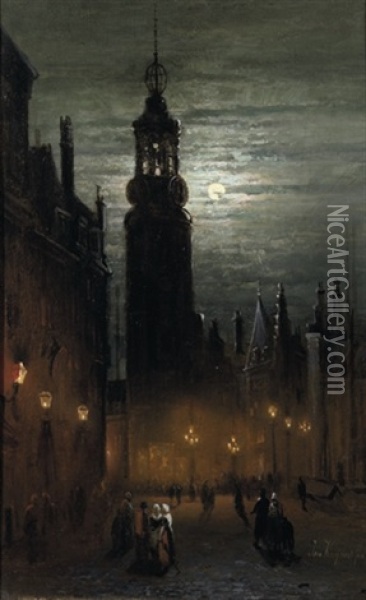 The Munt Tower By Night, Amsterdam Oil Painting - Jan Kuypers