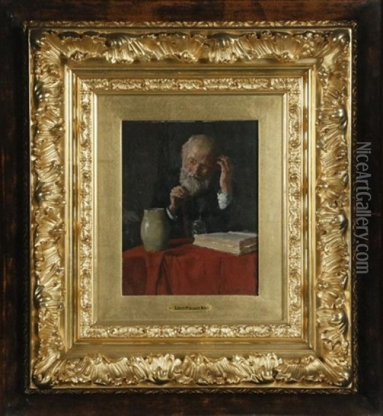 Elderly Gent With Book, Stein And Pitcher Oil Painting - Louis Charles Moeller