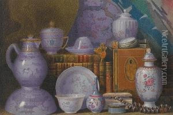 A Still Life Of Chinese Porcelain And Books Oil Painting - Benjamin Walter Spiers