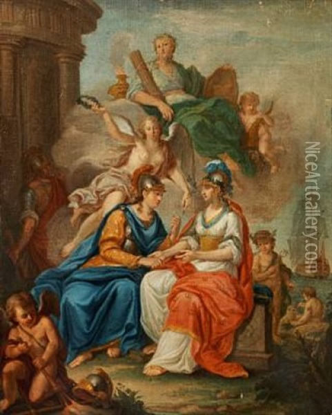 Allegory Of Denmark And Norway In The Shape Of Women In Classical Robes Oil Painting - Hendrik Krock