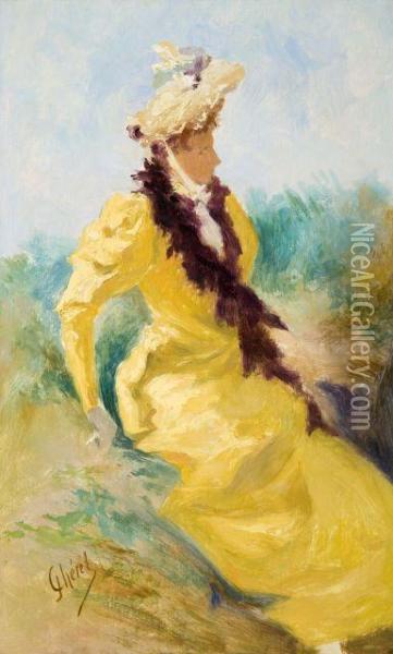 Elegante A La Robe Jaune Oil Painting - Jules Cheret