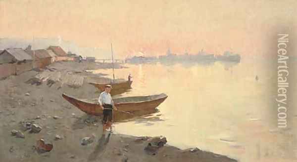 Fishing at sunset Oil Painting - Russian School