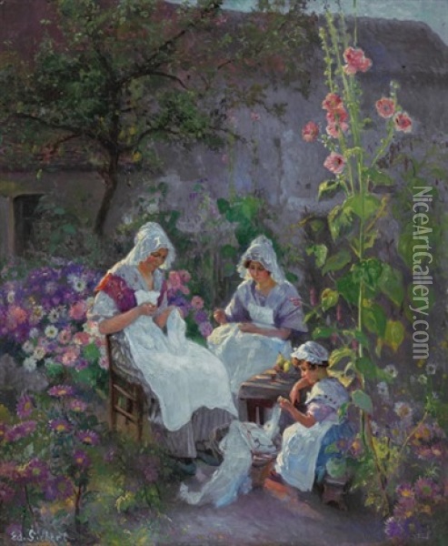Sewing In The Garden Oil Painting - Edward Selmar Siebert