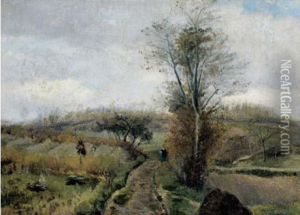 Un Promeneur Dans Le Bocage. Oil Painting - Adolphe Felix Cals