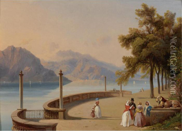 The Terrace Of The Villa Melzi, Overlooking Lake Como Oil Painting - Jean-Charles Joseph Remond