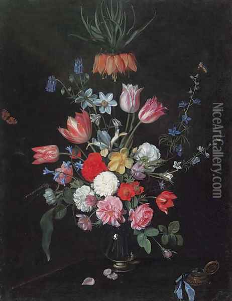 Parrot tulips, roses, carnations, bluebells, irises and crown imperial in a glass vase Oil Painting - Jan Philip van Thielen