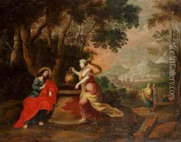 The Return From The Flight Into Egypt; And Christ And The Woman Of Samaria Oil Painting - Willem Van Herp
