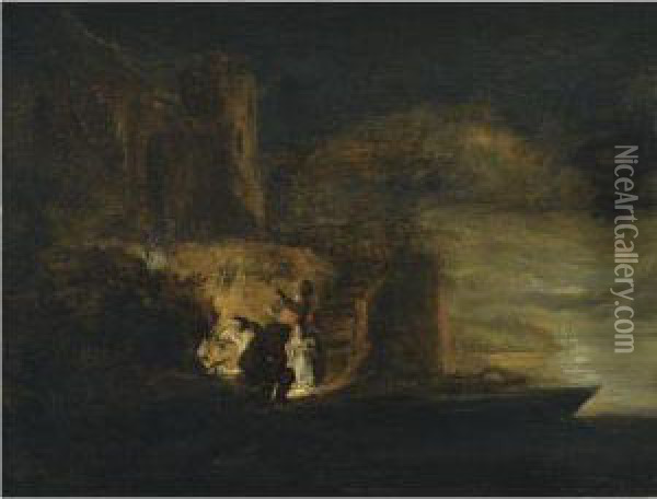 Figures Around A Fire On A River Bank Beneath A City Fortificationat Night Oil Painting - Cornelis Symonsz. Van Der Schalcke