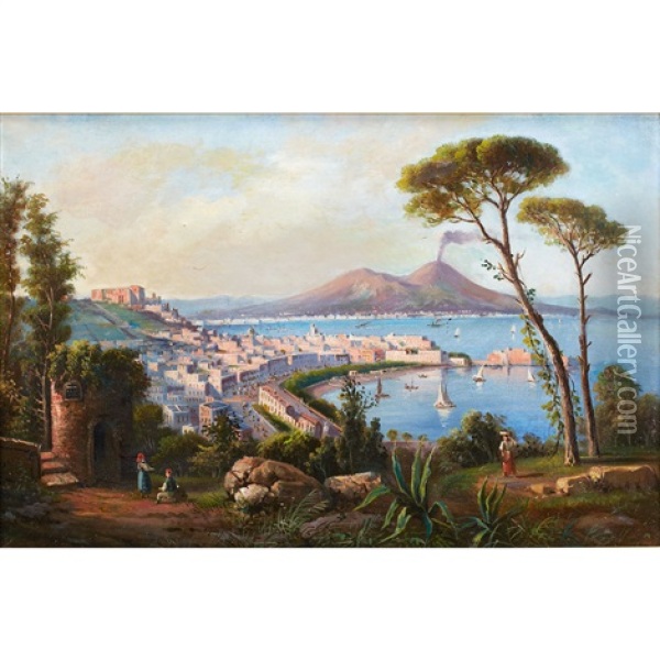 View Of Napoli With Mount Vasuvius; Piscatori Off The Coast (pair) Oil Painting - Consalvo Carelli
