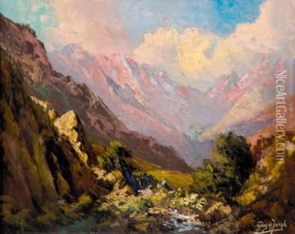 A View Of Mountains In The Late Afternoon Sunlight Oil Painting - Tinus de Jongh