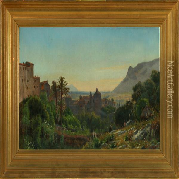 View Of Terracina, Italy With People On A Sunny Hillside Oil Painting - Rudolf Bissen