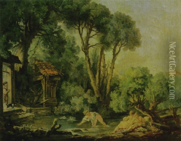 Bathers In Pastoral Landscape Oil Painting - Jean-Honore Fragonard