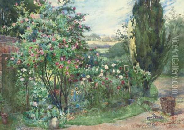 A Garden In Northern Ireland Oil Painting - E.M. Freckelton