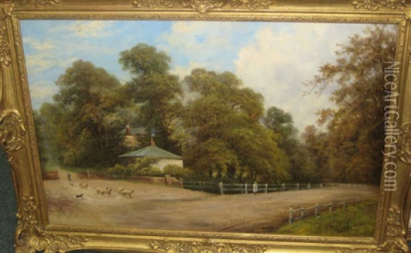 Shepherd With Flock On A Country Lane Oil Painting - Octavius Thomas Clark