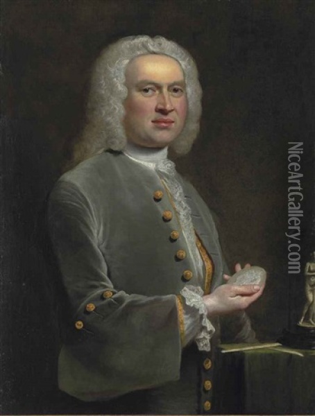 Portrait Of A Sculptor, Half-length, In A Grey Coat With Gold Buttons And A Lace Shirt, Holding A Medallion, Beside A Table With Sculptor's Tools... Oil Painting - Joseph Highmore