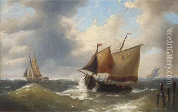 A Boulogne Lugger Offshore In A Swell Oil Painting - Louis Verboeckhoven