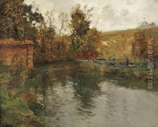 Autumn River Scene, Probably The Netherlands Or Belgium Oil Painting - Fritz Thaulow