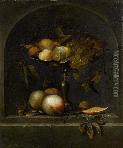 Peaches, Grapes And A Lemon In A Silver Gilttazza With Peaches, Walnuts And An Orange In A Stone Niche Oil Painting - Johannes Borman