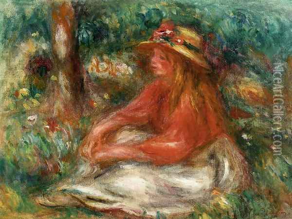 Young Girl Seated on the Grass Oil Painting - Pierre Auguste Renoir