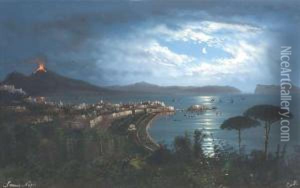 The Bay Of Naples At Moonlight Oil Painting - Augusto Corelli
