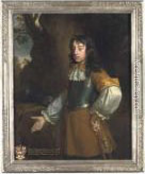 Portrait Of Henry Fermor, 
Three-quarter-length, In A Buff Coat Andbreastplate, Holding A Cane, By A
 Tree Oil Painting - John Greenhill