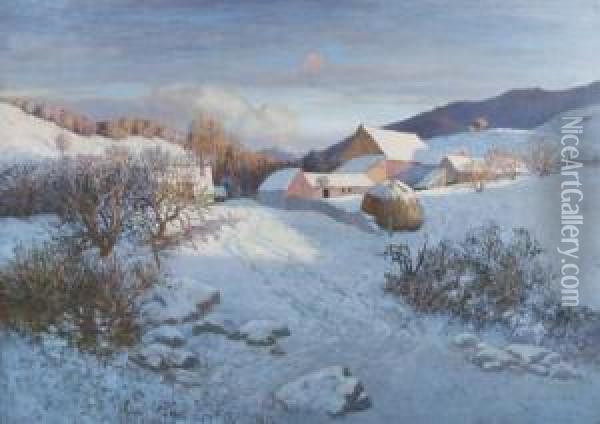 Farm Buildings In Snow Oil Painting - Maxfield Parrish