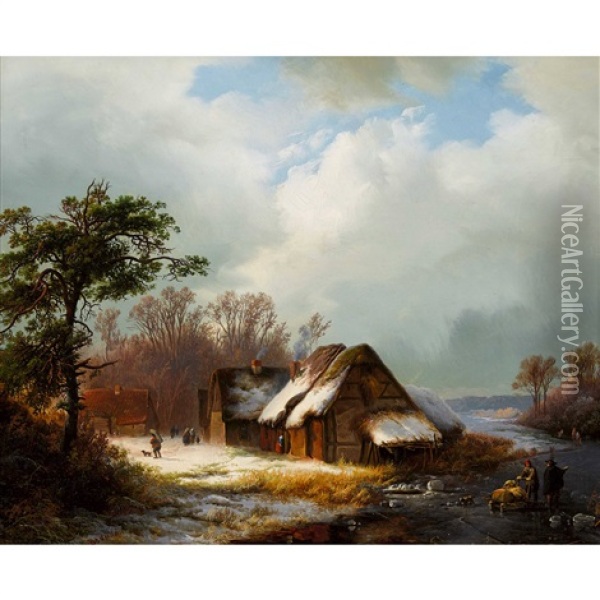 Winterlandschaft Mit Reetdach-hausern Und Vereistem Fluss Oil Painting - Willem Bodemann