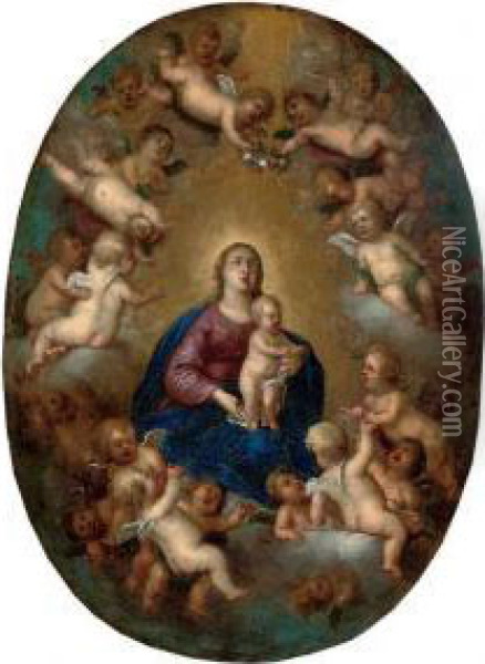 The Virgin And Christ Child Attended By Putti Oil Painting - Cornelis I Schut