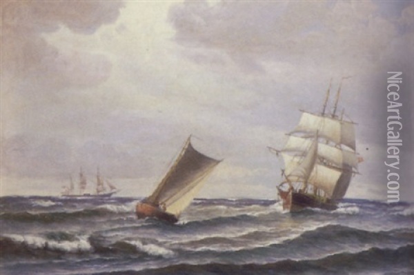 Marine Med Sejlskibe Oil Painting - Vilhelm Victor Bille