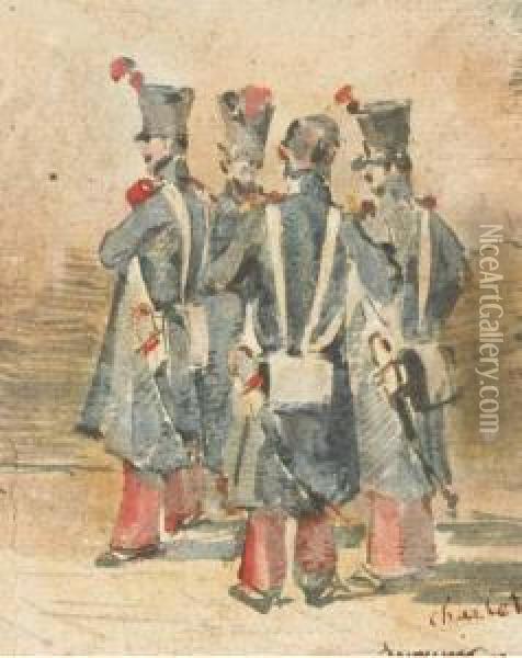 Quatre Hussards En Conversation Oil Painting - Nicolas Toussaint Charlet