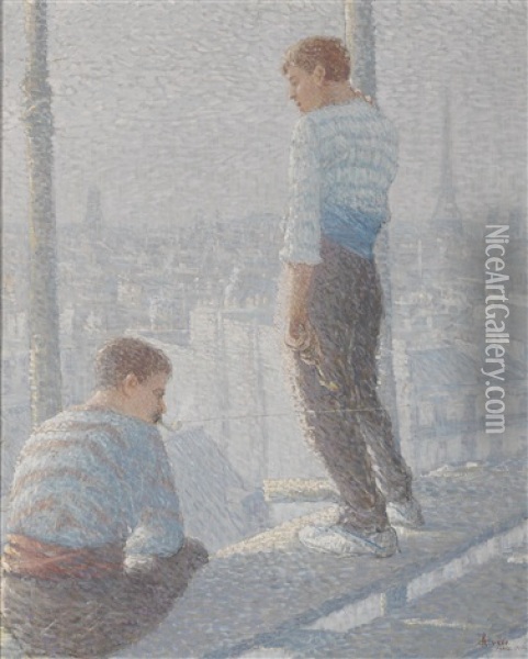 Two Construction Workers Overlooking Paris With The Eiffel Tower In The Distance Oil Painting - Rinaldo Cuneo
