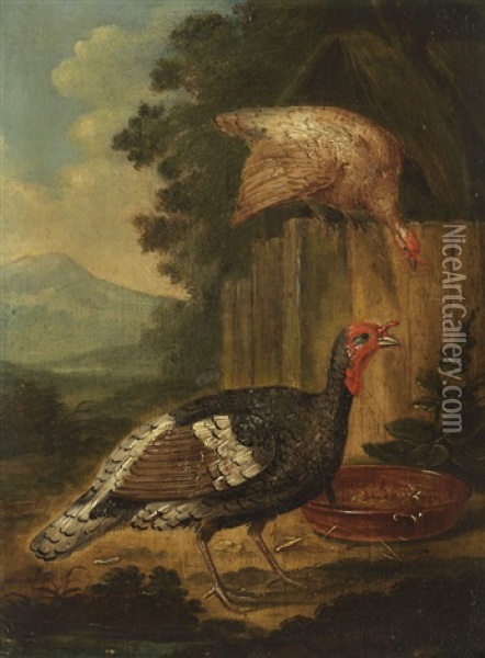 Pendants: Huhnerhof Und Truthahne (pair) Oil Painting - Marmaduke Cradock