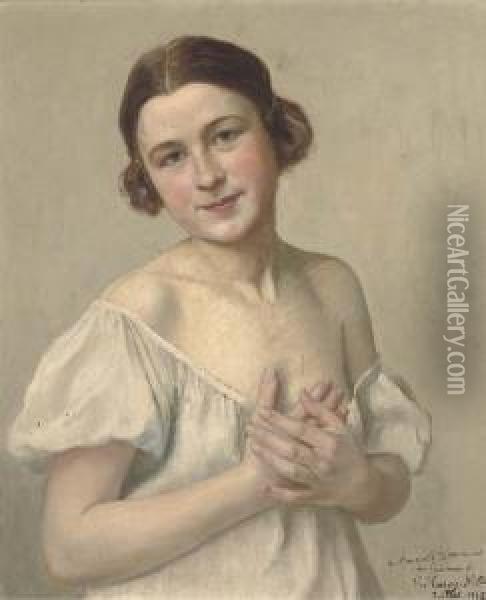 Portrait Of Young Lady, Half-length Oil Painting - Victor Marais-Milton