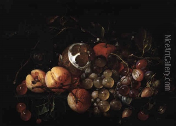 Still Life Of Peaches And Grapes On A Ledge Oil Painting - Cornelis De Heem