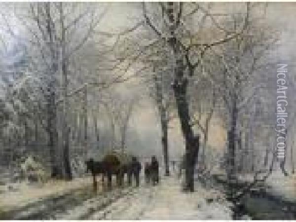 Wooded Winter Landscape Under 
Snow With Family Walking Beside A Horse Drawn Covered Wagon On A Lane Oil Painting - Anders Anderson-Lundby