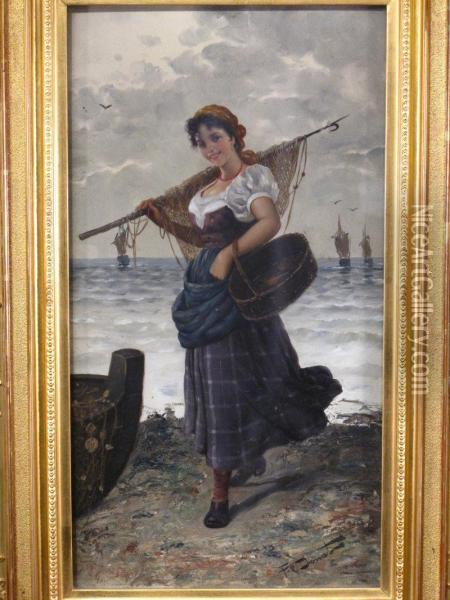 Am Ufer Stehendes Lachendesfischermadchen In Bretonischer Tracht. Oil Painting - Frederick Reginald Donat