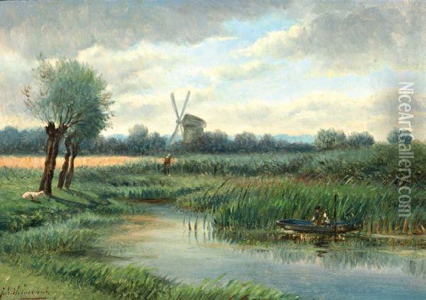 Molen In Polderlandschap Oil Painting - Johannes Hilverdink