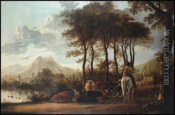 River Landscape With Horsemen And Peasants (after Aelbert Cuyp) Oil Painting - Jacob Thompson