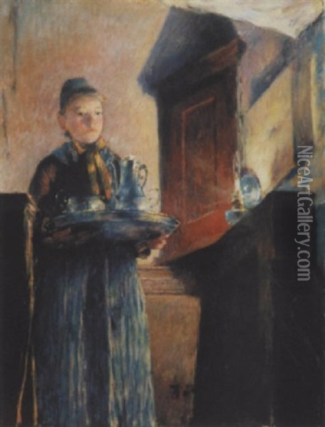 Junge Frau Mit Kaffeetablett Oil Painting - Gotthardt Johann Kuehl