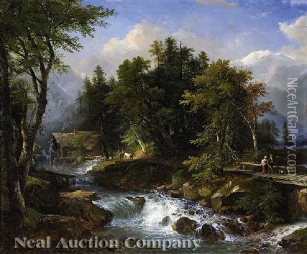 Figures On A Path Beside A Rushing Mountain Stream Oil Painting - Louis Etienne Watelet